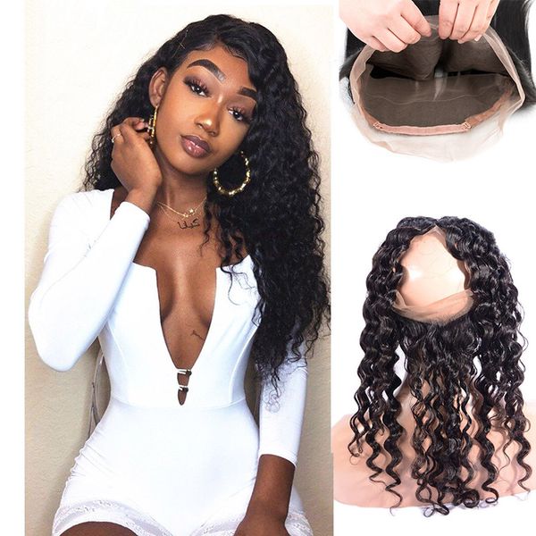 

brazilian virgin hair 360 lace frontal deep wave pre plucked baby hair extensions curly lace frontal adjustable, Black;brown