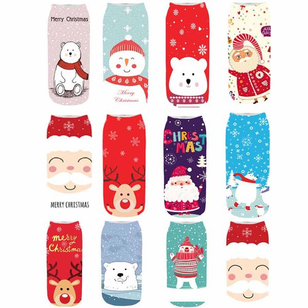 

2019 winter cotton straight christmas sock men women 3d printing cartoon reindeer santa claus snowflake short socks hosiery, Black;white
