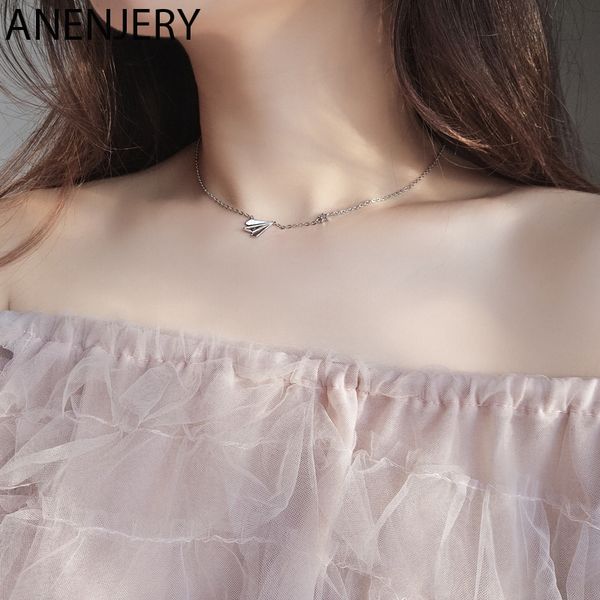 

anenjery fashion simple paper plane cubic zircon pendant necklace 925 sterling silver clavicle chain necklace jewelry s-n581