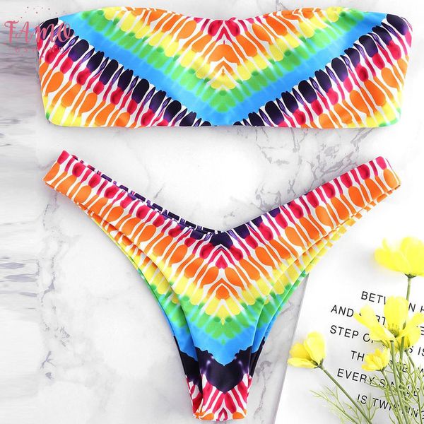 

beachwear bikini swimsuit rainbow printing women biquinis push up knitted mujer new 2020 bandeau summer swimwear low waist, White;black