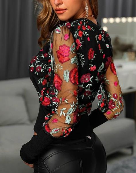 

fashion spring womens shirt flower embroidered shirt printed stitching mesh long sleeve round neck shirt, White