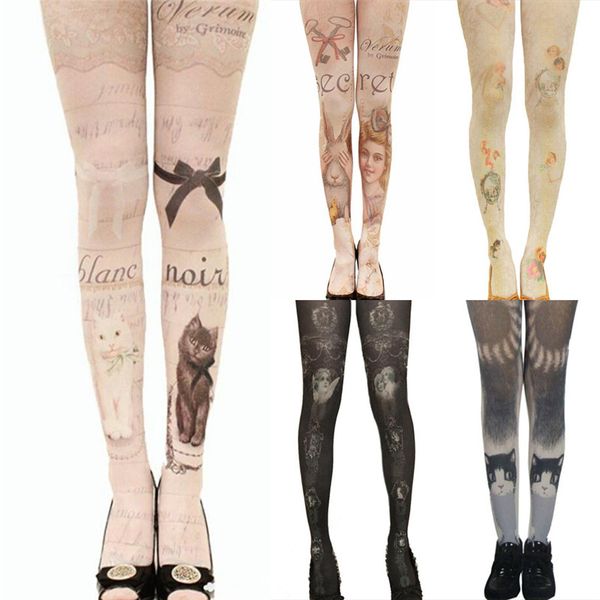

new women tights with cats harajuku tattoo cat pantyhose female fancy stocking medias party pants for women pantyhoses lolita, Black;white