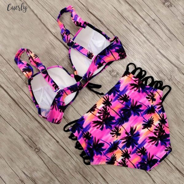 

bandage swimsuit high waist bikinis geometric women palm print push up swimwear female beachwear bathing suit maillot de bain, White;black