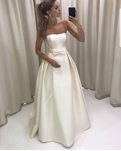 

simple strapless a-line wedding dress matte satin bride gown custom made ivory bridal long dress mariage back zipper vestidos, White