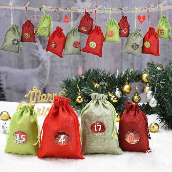 

24pcs christmas gift bags calendar countdown jute bag candy storage pouch diy christmas advent calendar bag calendrier avent@y