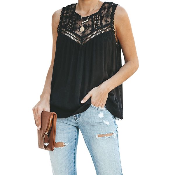 

ins кружево жилет футболка женская новая европейская версия с круглым вырезом без рукавов райд bottom пальто поколения жира продажи, Black;white