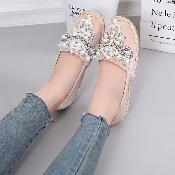 

round toe shallow mouth shoes woman 2019 women casual female sneakers flats pearl decorateion crystal new dress beading, Black