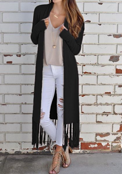 

fashion women ladies solid long sleeve retro tassel cardigan jacket outerwear autumn casual long, Black;brown