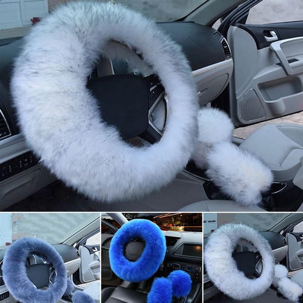 

universal car furry steering wheel cover woolen gear knob shifter brake classic sheepskin car styling steering wheel covers
