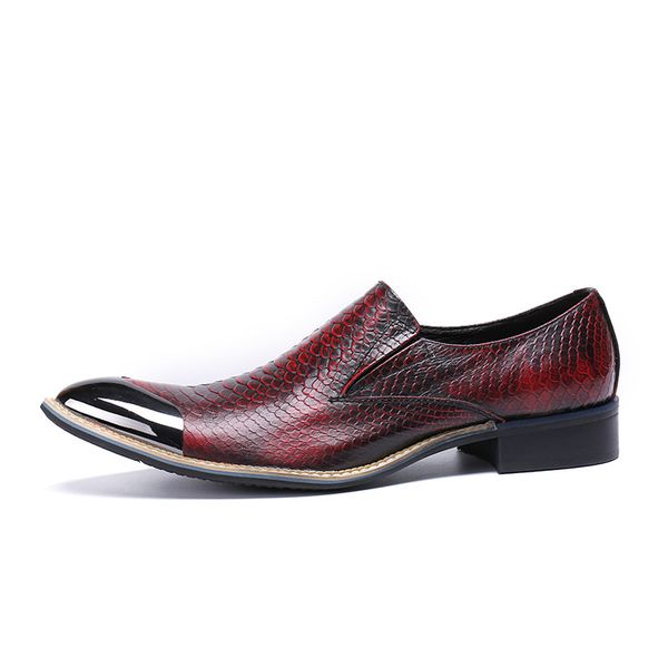 

retro quality cow leather red slid-on wedding men shoe metal pointed toe formal crocodile pattern dress shoes, Black