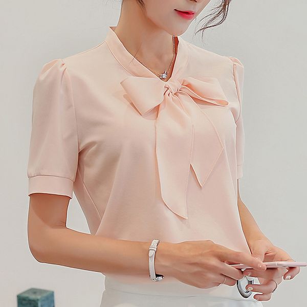 

women 2019 summer tee shirt femme women summer work office short sleeve bow tie solid chiffon tee shirt camiseta mujer 40, White