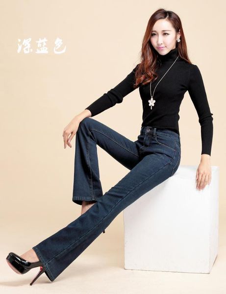 

women's plus velvet boot cut jeans female high waist fleece denim pants flares trousers 26-40, Blue