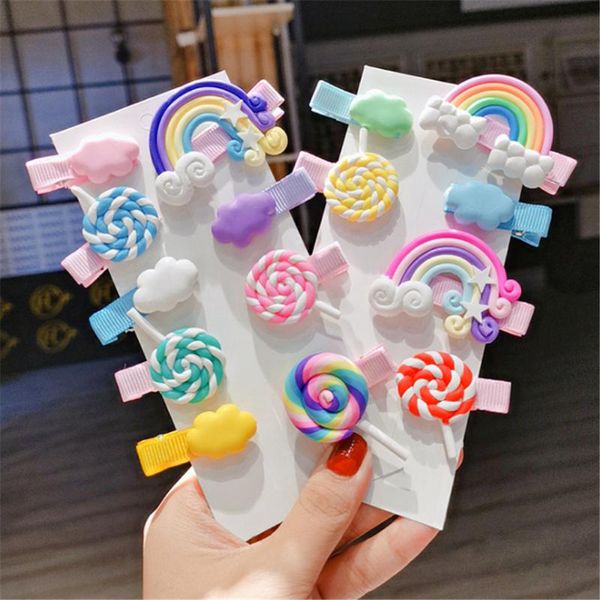 

2/3pc/set cute girl cloud lollipop rainbow hairpins cartoon bobby pin hair clips for girls children headband kids accessories, Slivery;white