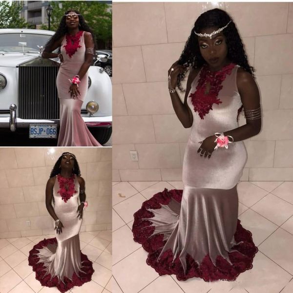 

New Arrival Dark Red Appliques 2019 Black Girls Prom Party Dresses Trumpet High Neck Sleeveless Sweep Train South African Party Gowns