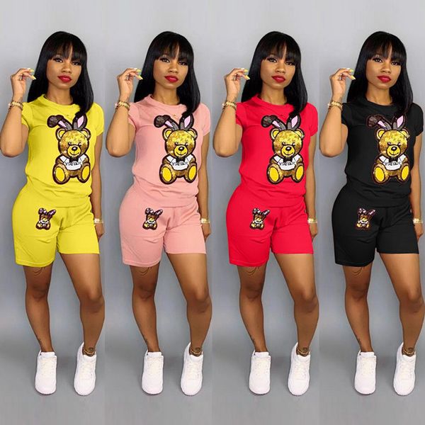 

women tracksuit cartoon sequins bear pullover shorts set short sleeve outfit casual two piece set summer outdoor sports suits yfa1151, Gray