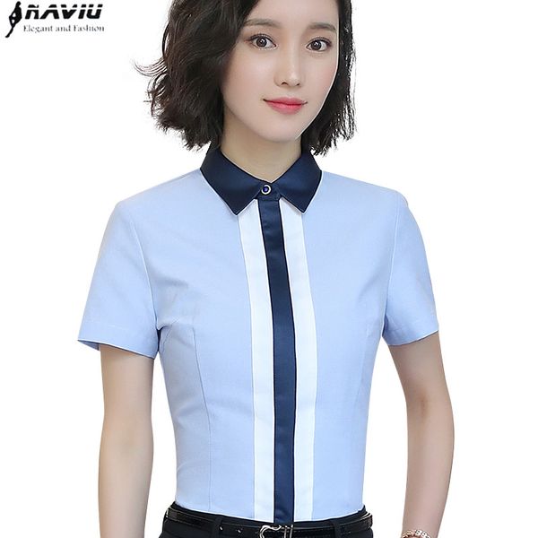

2018 summer new shirt women fashion formal slim patchwork short sleeve chiffon blouse office lady work wear plus size, White