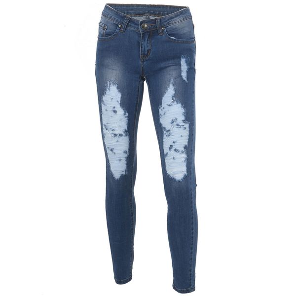 

women low waist irregular hole ripped slim fit stretchy denim pencil pants skinny jeans, Blue
