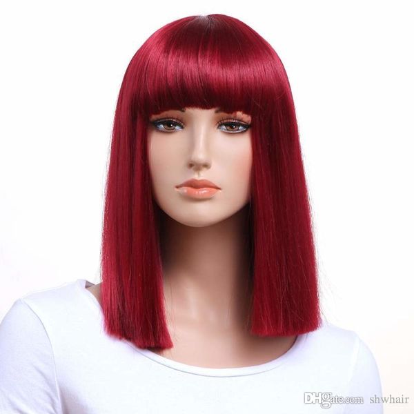 Synthetic Red Bob Lace Front Wigs With Bangs Medium Length
