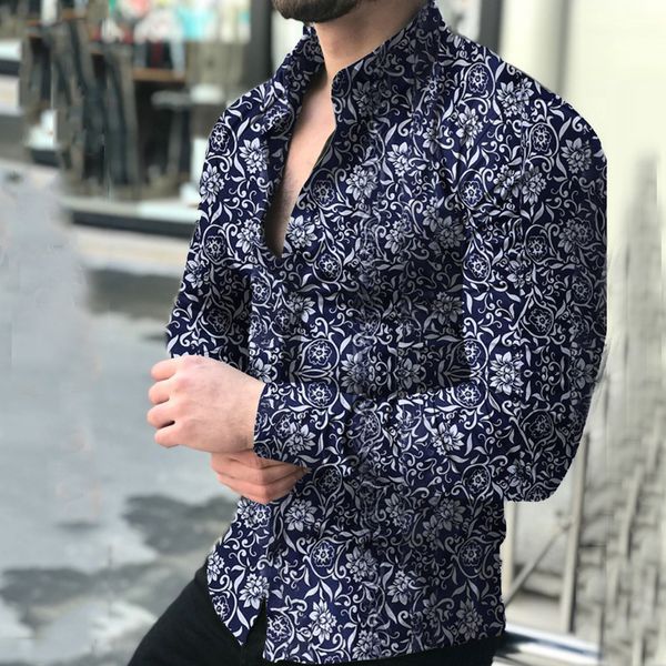 

fashion men's shirt camisa casual printed floral long sleeve shirt men button male blouse streetwear camisa masculina, White;black