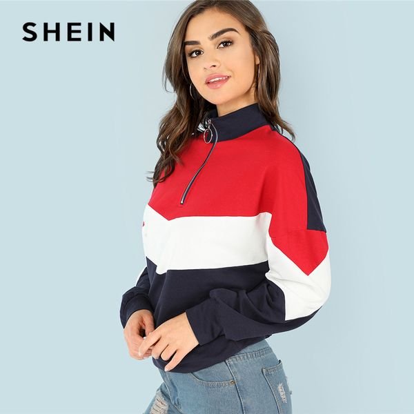 

shein multicolor minimalist o-ring zip front cut and sew stand neck raglan sleeve sweatshirt autumn women casual pullovers, Black