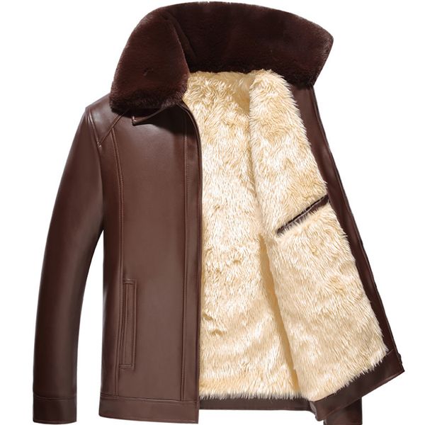 

autumn and winter fur coat male middle-aged men's lapel leather jacket plus velvet thick middle-aged men's coat, Black