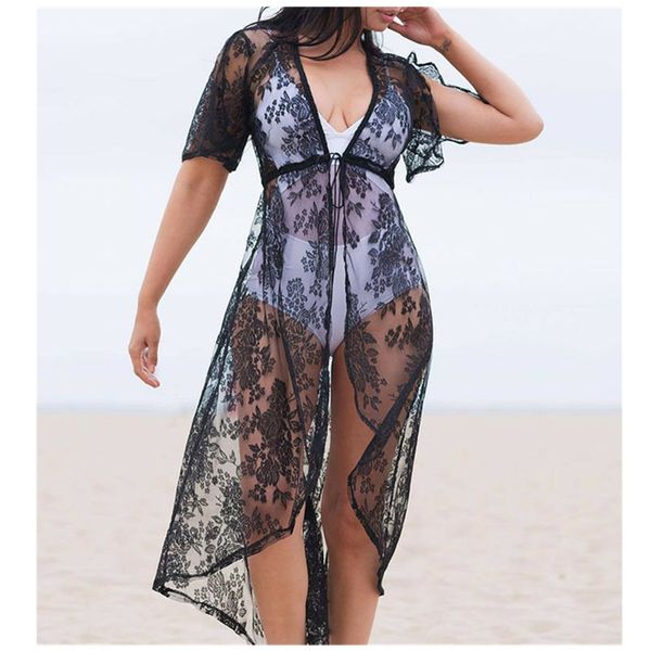 

fashion women ladies bikini cover up sarong swimwear kaftan dress summer beach holiday wear lace crochet loose elegant outwear, Blue;gray