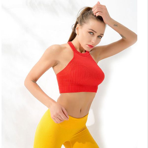 

2019 sports women halter neck off-shoulder knitted yoga cropped tank female bodycon tanks sleeveless gym shirts, White;red
