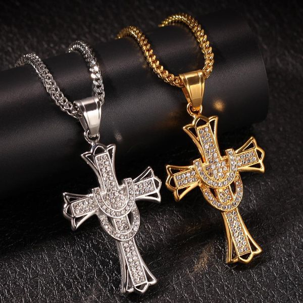 

hip hop bling diamond mens gold stainless steel cross pendant chain necklace iced out hiphop rapper chains jewelry gifts wholesale for sale, Silver