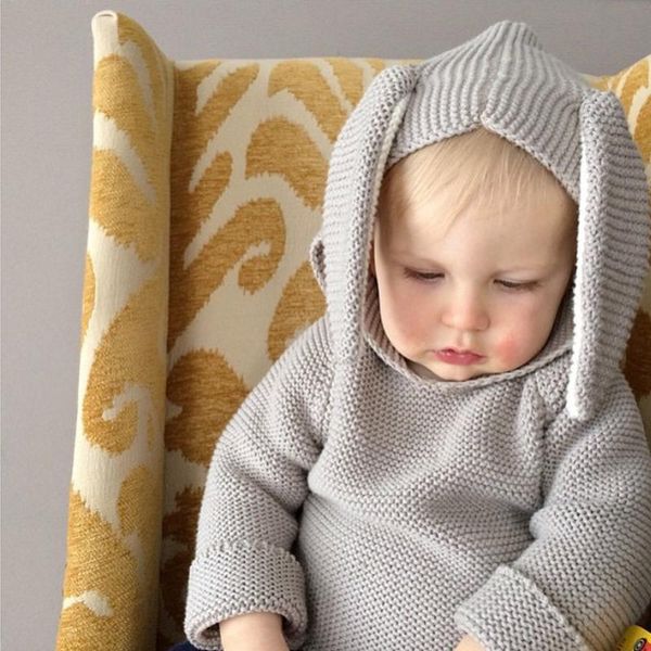 

2016 baby boys girls hooded sweaters motif clothes ears children wool knit coat kids woollen knitted garment 1-5y, White