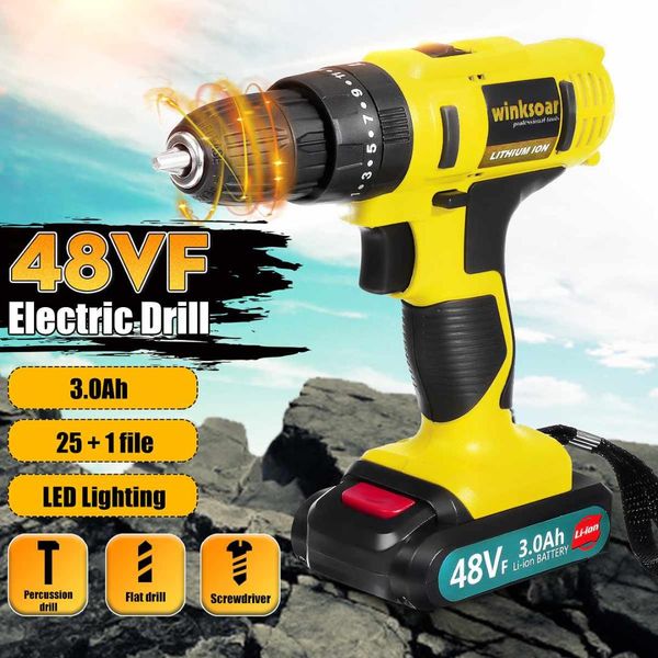 

48v cordless electric screwdriver 25+1 torque adjustment electric drill rechargeable li-ion battery led lights drill power tools