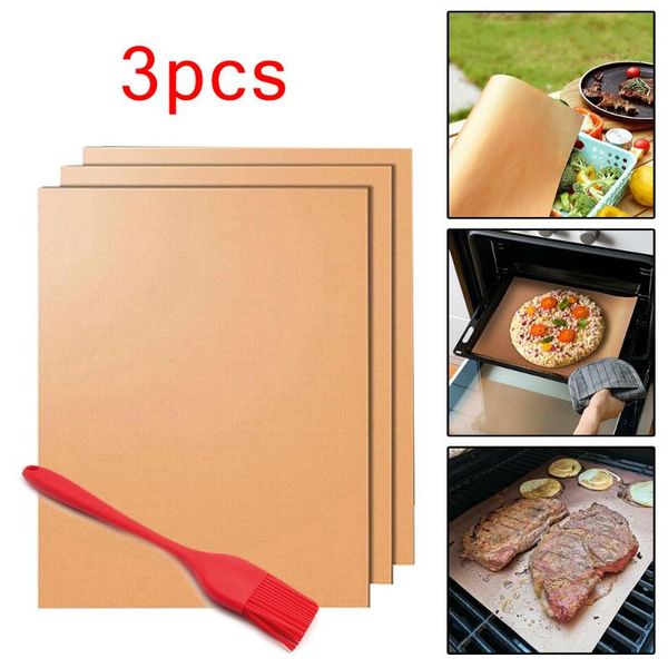 

non-stick bbq grill & baking mats set of 3 barbecue mat with 1pcs brush for charcoal grill electric oven