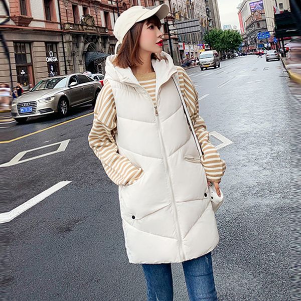 

plus size long honded winter vest down coats women solid cotton zipper parka jacket female korean warm thicken vest outerwears, Black