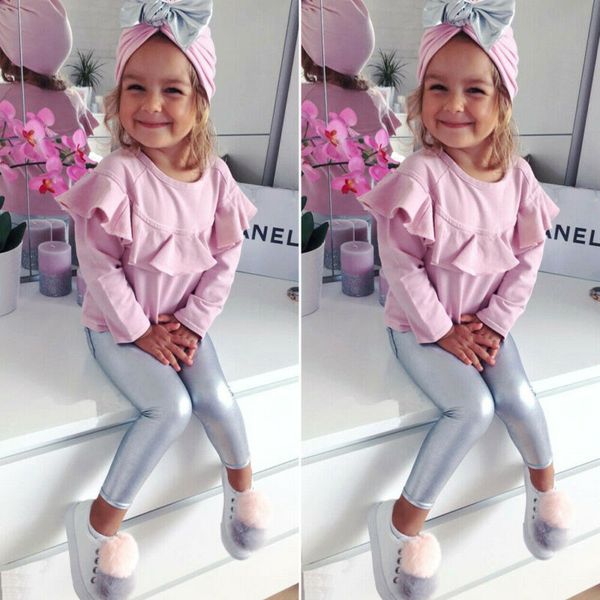 

3шт baby girl оборками комплект одежды 2020 с длинным рукавом топ футболки + искусственная кожа леггинсы брюки + лук шляпа наряды комплект о, Pink;blue