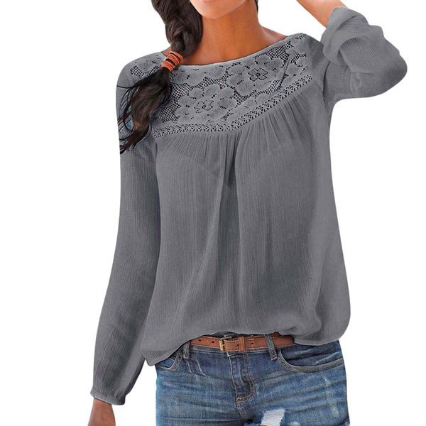 

lace patchwork shirt women casual long sleeve blouse solid color large size ladies loose shirts female blusas /pt, White