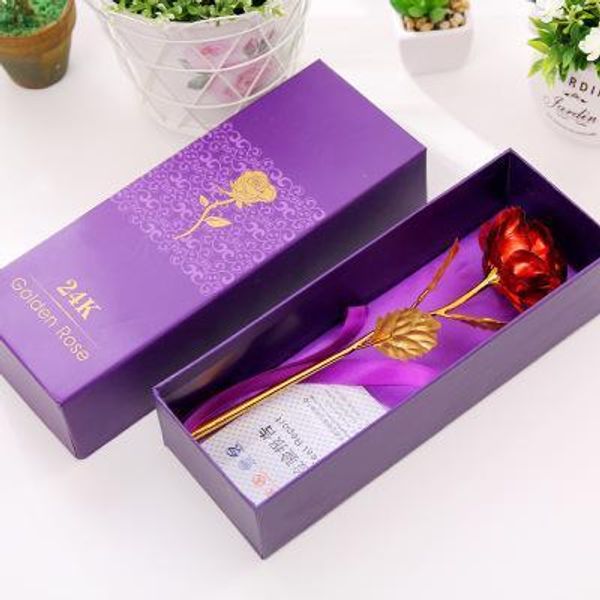 

wholesale 25cm valentine's day 24k gold foil rose flower handcrafted handmade dipped long stem lovers wedding gift purple box