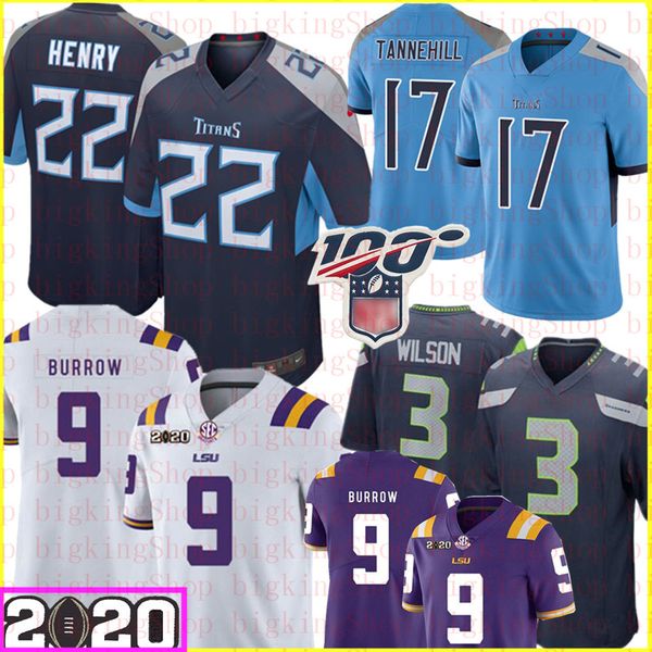 

derrick henry tennessee 22 titan 17 ryan tannehill jersey lsu tigers 9 joe burrow 2020 patch football 3 russell wilson seattle # seahawk, Black;red