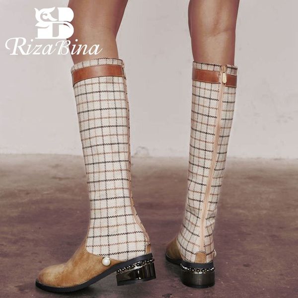 

rizabina plus size 32-48 women winter warm knee high boots fashion plaid woman shoes zipper beads long boots ladies footwear, Black