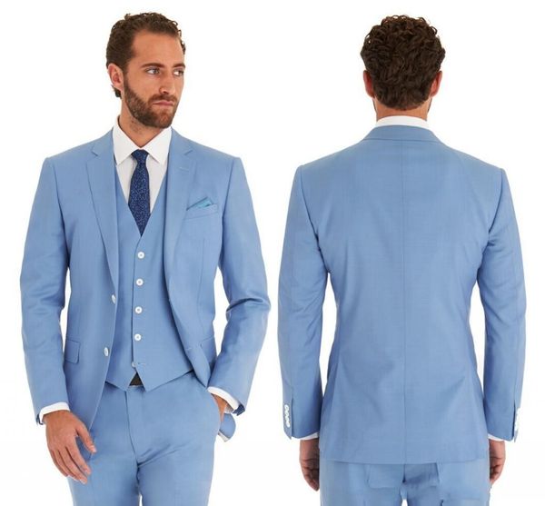 Céu Azul Noivo Smoking Notch Lapela Slim Fit Groomsman Casamento Smoking Homens Prom Party Blazer Jacket 3 Piece Suit (Jacket + Pants + Tie + Vest) 2300
