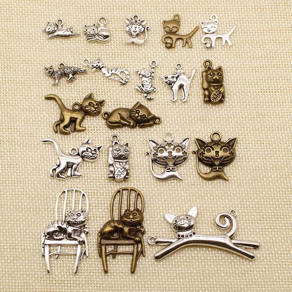 

60 pieces metal charms or bracelet charms animal kitty cat hj057, Bronze;silver