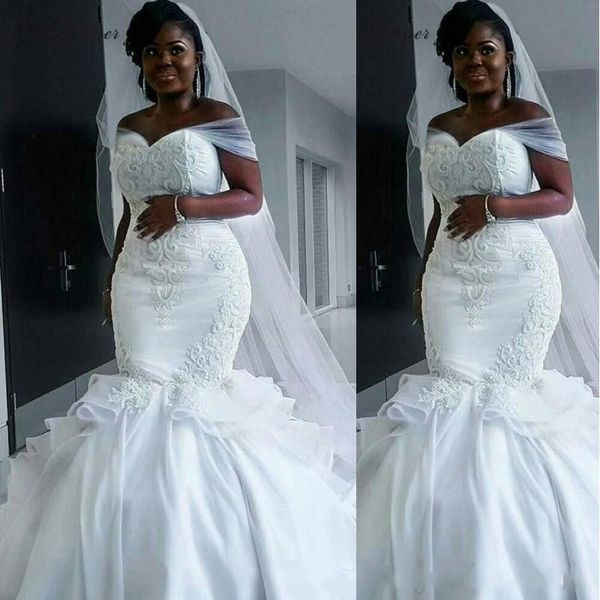 

nigerian mermaid wedding dresses off the shoulder sweep train tired organza ruffle crystal ruched plus size bridal gowns bc1023, White