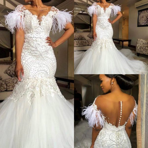 

2019 plus size wedding dresses v neck lace feather pearls court train mermaid wedding dress castle africa vestidos de novia, White