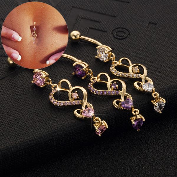 

2019 heart clear pink purple cubic zirconia gold-color belly button navel piercing body jewelry navel belly ing, Slivery;golden