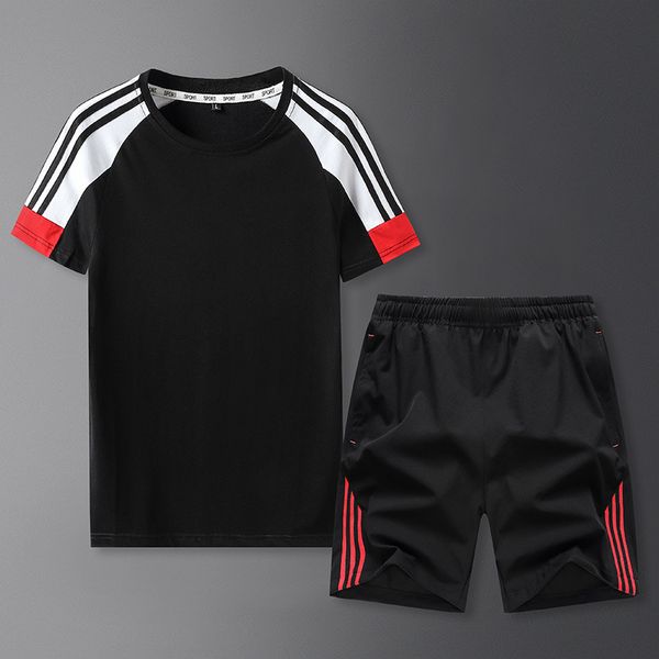 

2020 мужчины повседневный набор мода 2 шт спортивный костюм полосатый короткий рукав футболки шорты наборы мужской спортивной одежды спортив, Gray