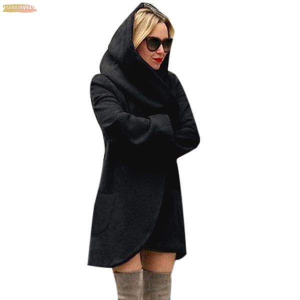 

women winter polyester woolen hooded thin loose ladies casual hoodies jacket overcoat coat girl pocket thin coat, Black