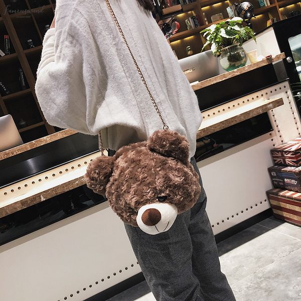 

lovely cartoon winter design faux fur female messenger handbag teddy bear head women shoulder bag for girl kid gift cute bag