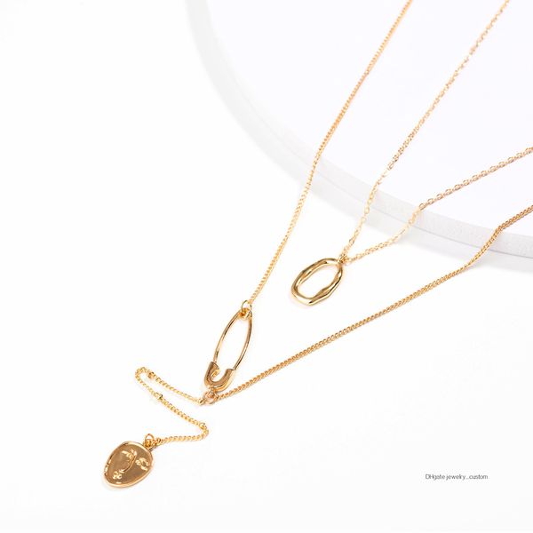 

18k gold anomaly circle ring hanging neck pin beauty facial drop multi-storey necklace woman, Silver