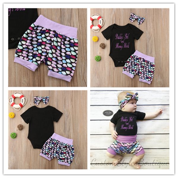 

2020 summer kids rompers suit baby girls short sleeves t-shirt coveralls romper fish scale shorts hair band 3 piece clothing set e21904, White