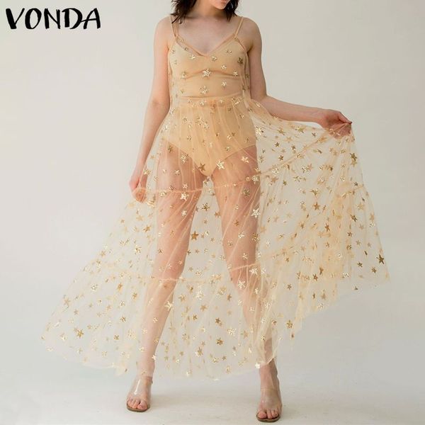 

plus size spaghetti strap dress women's summer sundress 2019 vonda see through maxi dress party vestidos s-5xl robe femme, Black;gray
