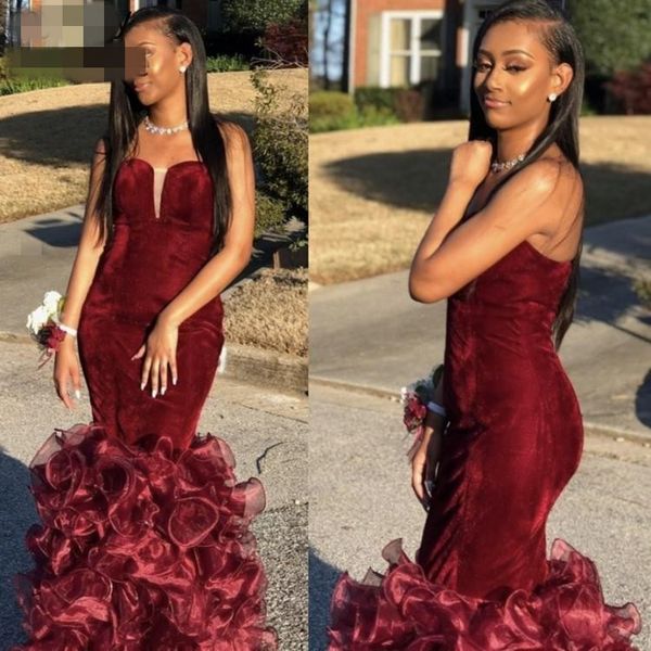 

2020 new arrival sweetheart evening gowns cascading ruffles floor-length none trumpet empire velour sleeveless simple prom dresses, Black;red