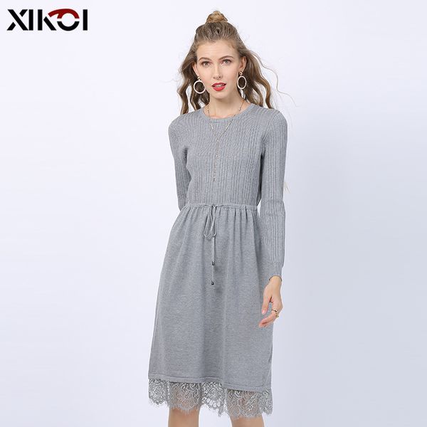 

womens designer slim-fit knee-length lace stitching knit dressphju, Black;gray